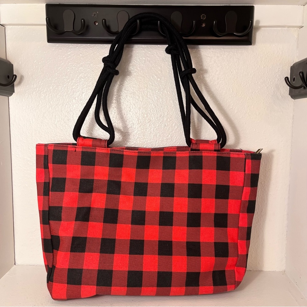 FARMHOUSE Red Black Buffalo Plaid Fabric Tote Bag Purse